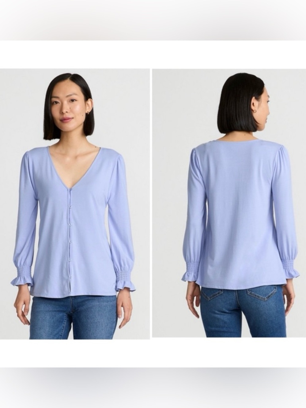 Lands’ End Button Front Top Blouse Women’s L Lightweight Long Sleeve Smocked EUC